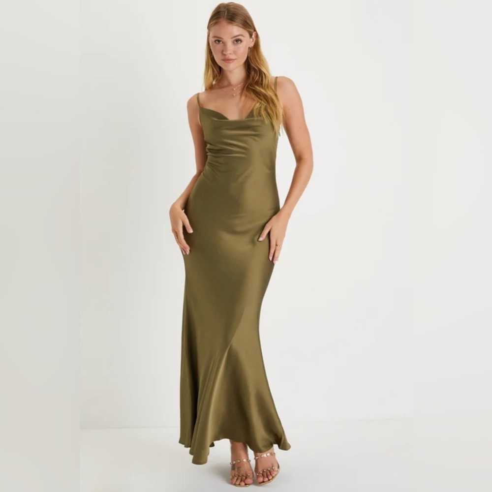 NWT Lulus Satin Maxi Dress Olive Green Size XS